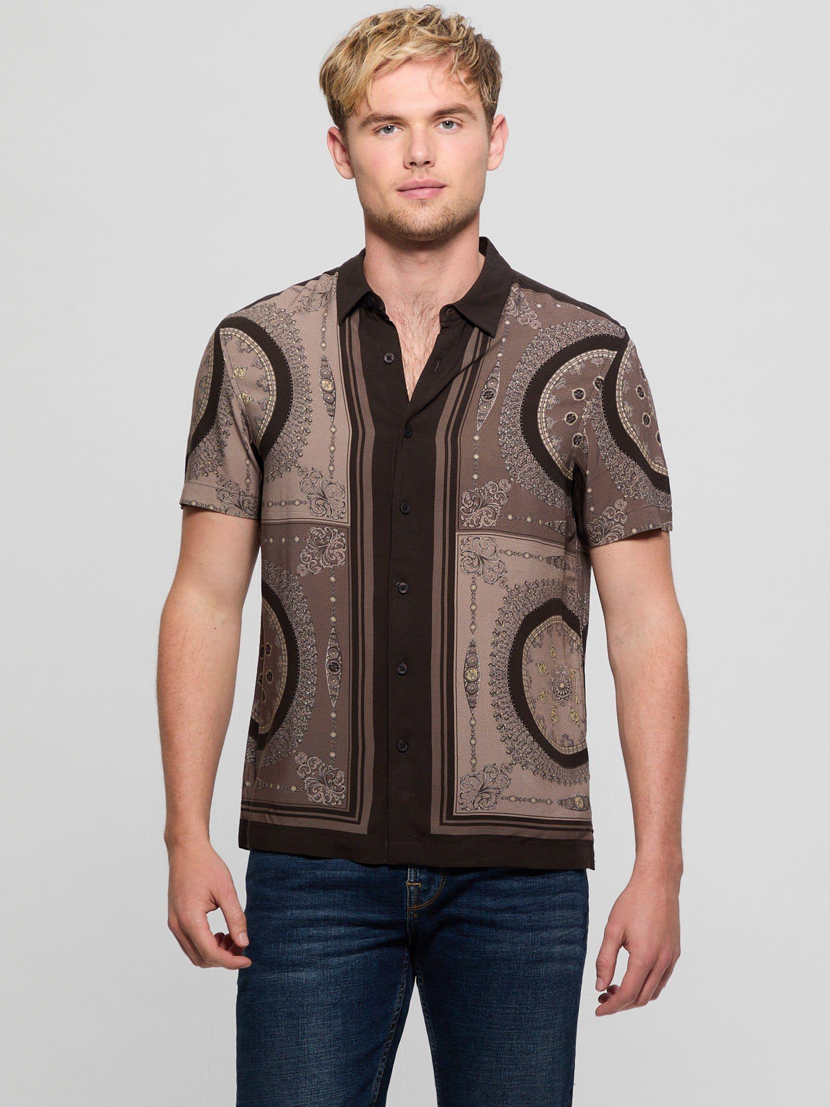 Camisa Guess Hombre Ss Eco Rayon Medallion Shirt Café-0