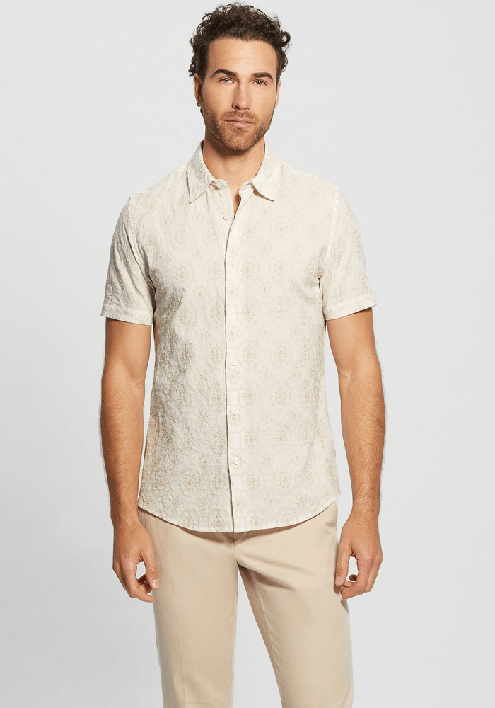 Camisa Guess Hombre Ss Mosaic Embroidery Shirt Beige-3