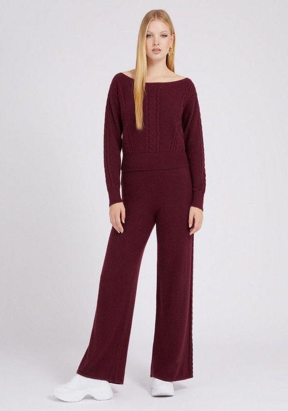 Pantalón Guess Mujer Es Teresa Cable Wide Leg Pant Burdeo-1