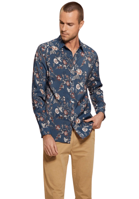 Camisa Guess Hombre Ls Sandwash Fstv Floral Shirt Azul-0