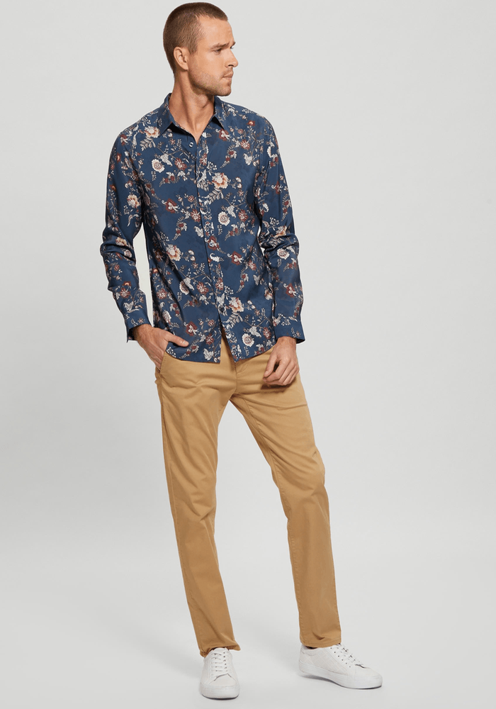Camisa Guess Hombre Ls Sandwash Fstv Floral Shirt Azul-1