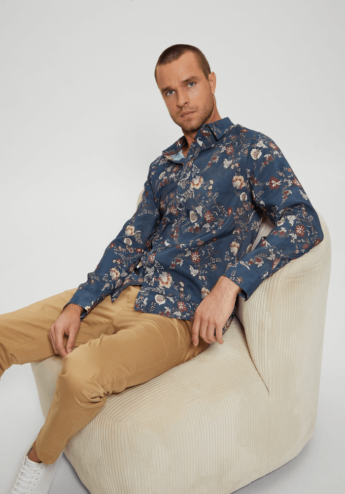 Camisa Guess Hombre Ls Sandwash Fstv Floral Shirt Azul-2