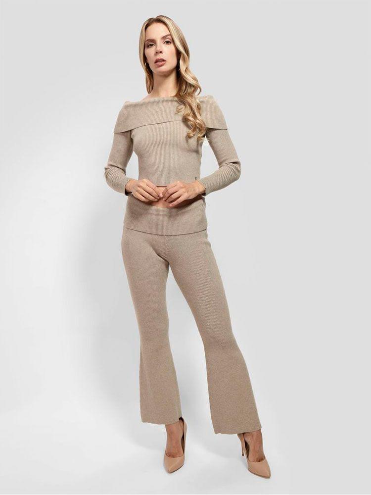 Pantalon Guess Mujer Foldover Rib Flare Nina Pant Café-3