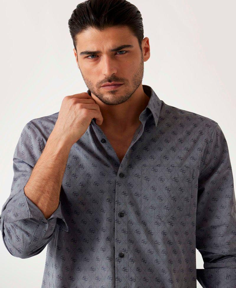 Camisa Guess Hombre Ls 4G Jacquard Shirt Azul-3