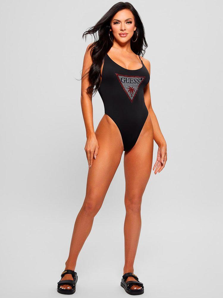 Traje De Baño One Piece Rhinestone Triangle Negro-1