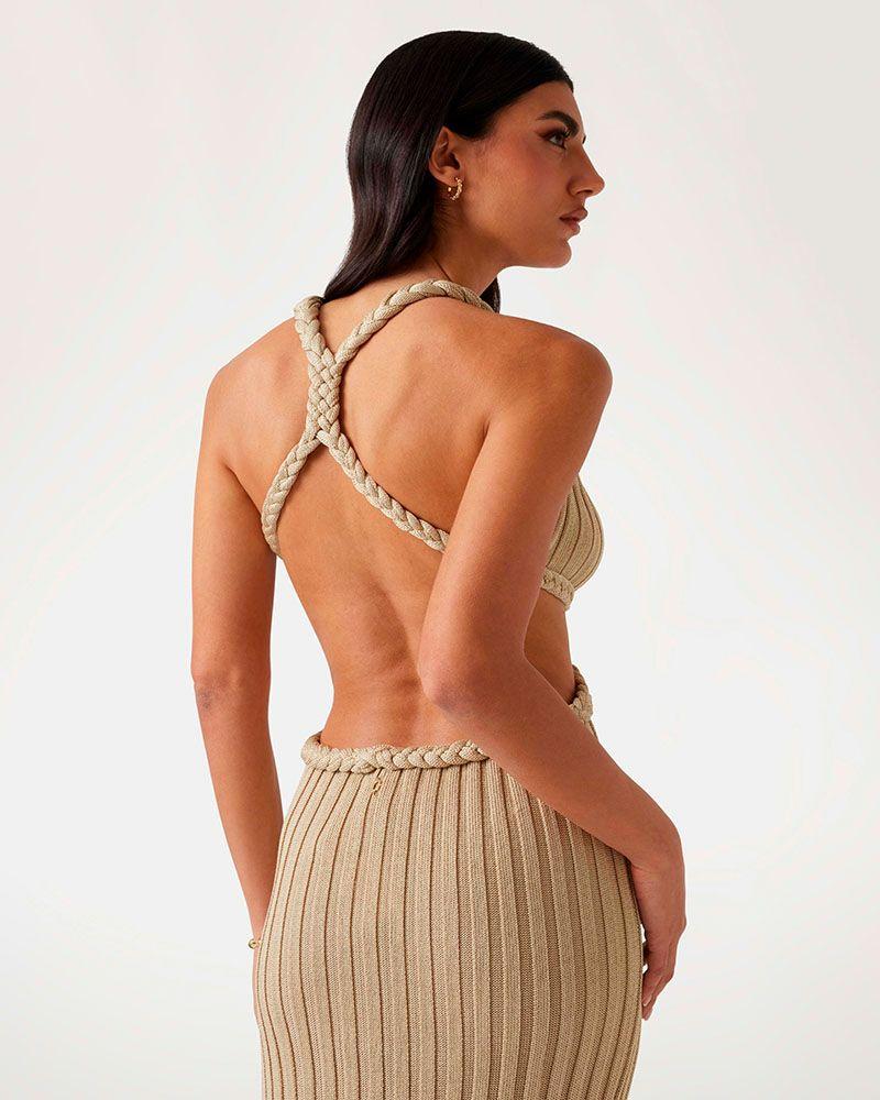 Vestido Guess Mujer Sl Surplice Nk Vanya Rib Dress Beige-3