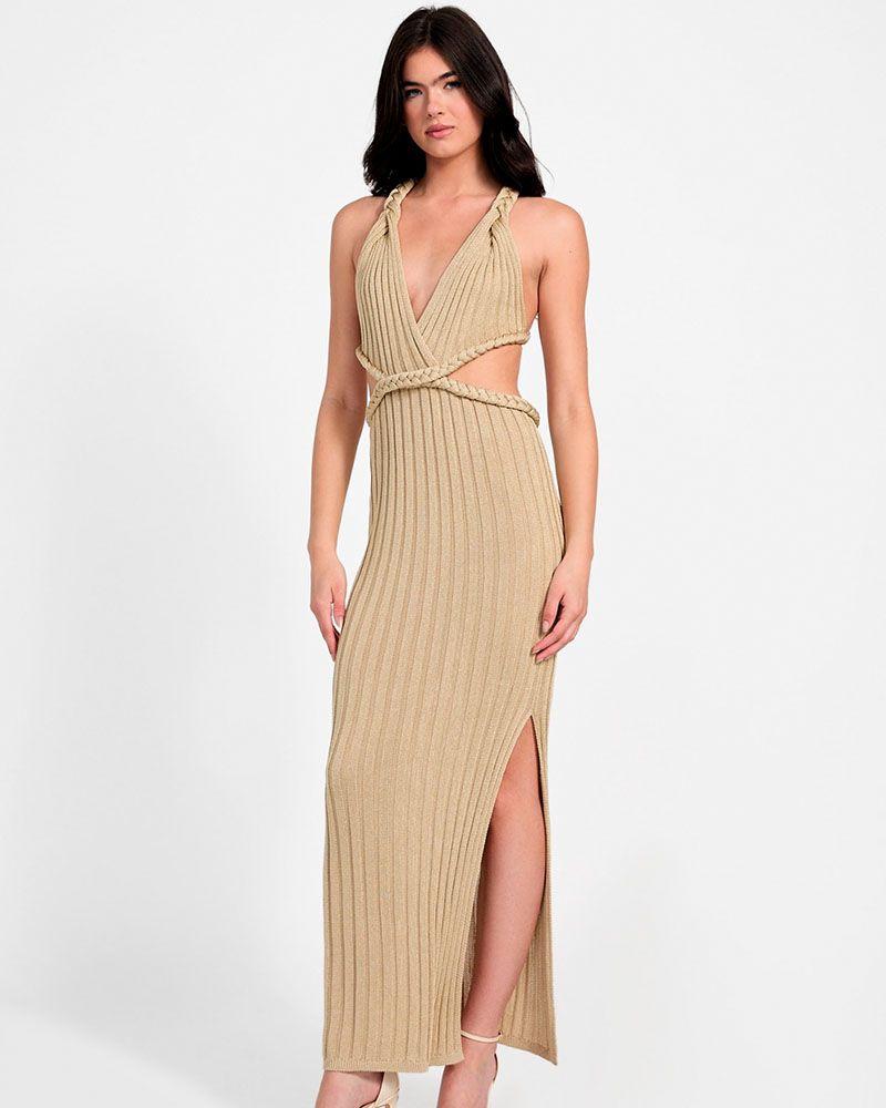 Vestido Guess Mujer Sl Surplice Nk Vanya Rib Dress Beige-5