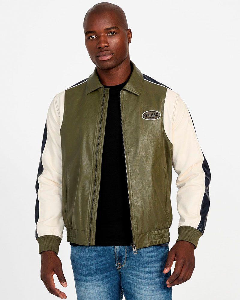 Chaqueta Guess Hombre Pu Leather Blocking Color Verde-3