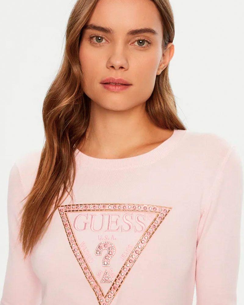 Sweater Guess Mujer Ivory Triangle Logo Rn Ls Swtr Rosado-3