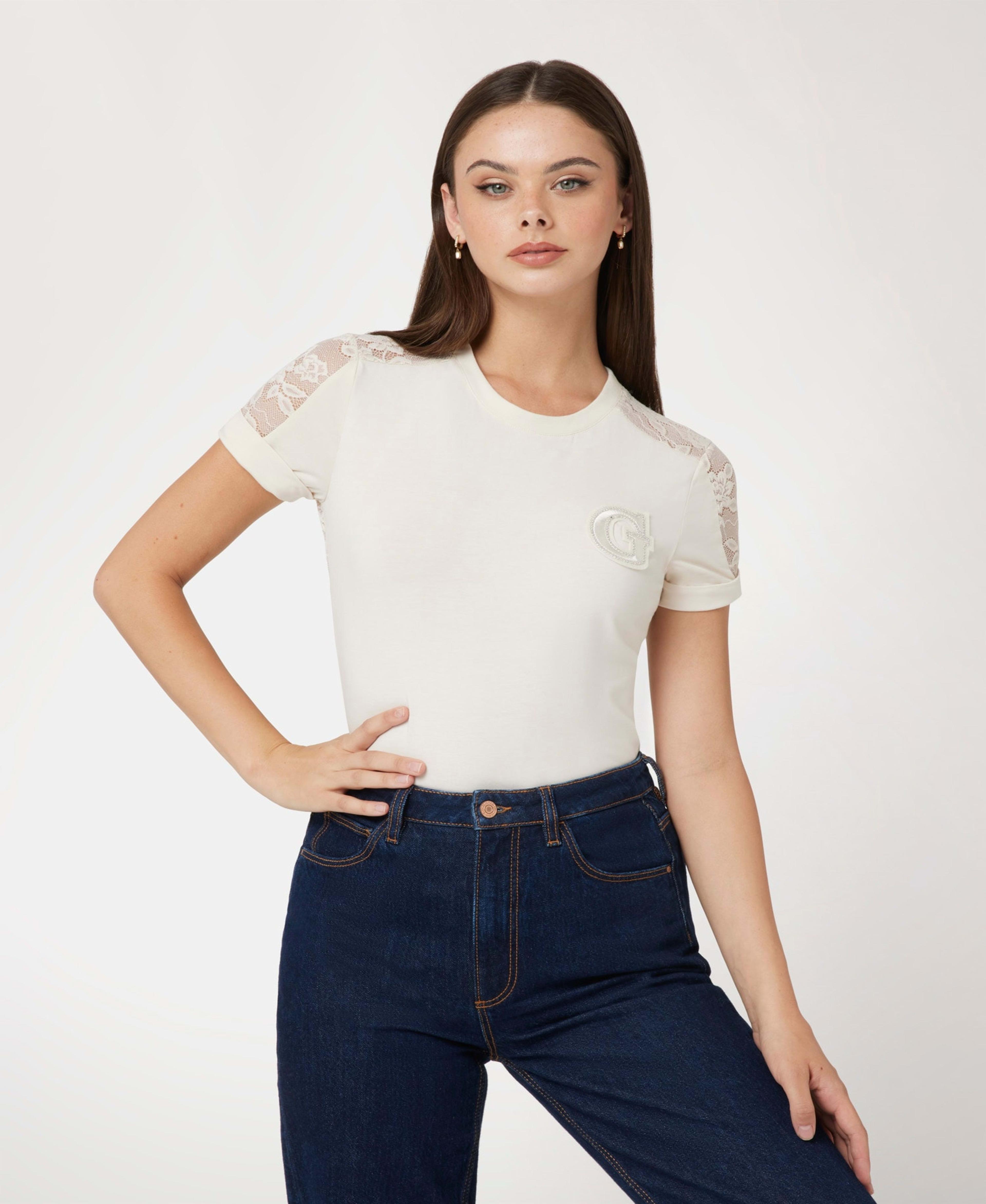 Polera Guess Mujer Ss Cn Lace Tee Beige-0