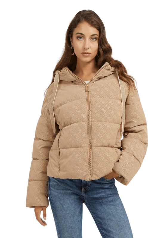 Chaqueta Guess Mujer 4G Logo Hooded Puffa Jacket Café-0