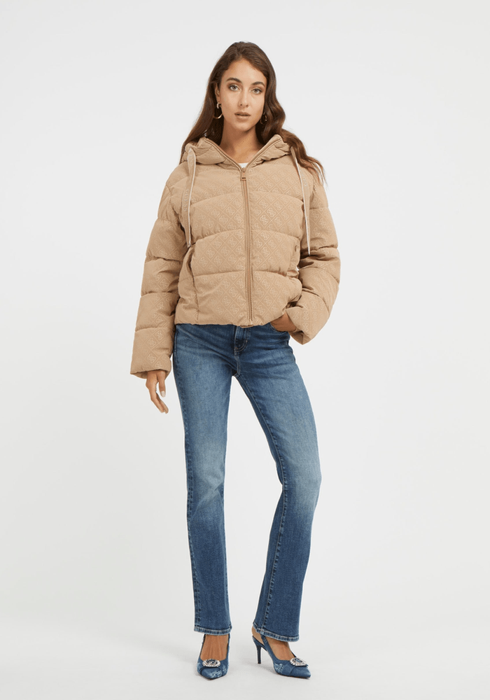 Chaqueta Guess Mujer 4G Logo Hooded Puffa Jacket Café-1