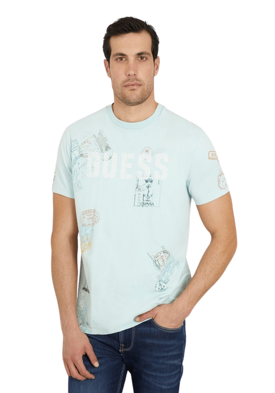 Polera Guess Hombre Ss Bsc World Stamps Tee Celeste-0