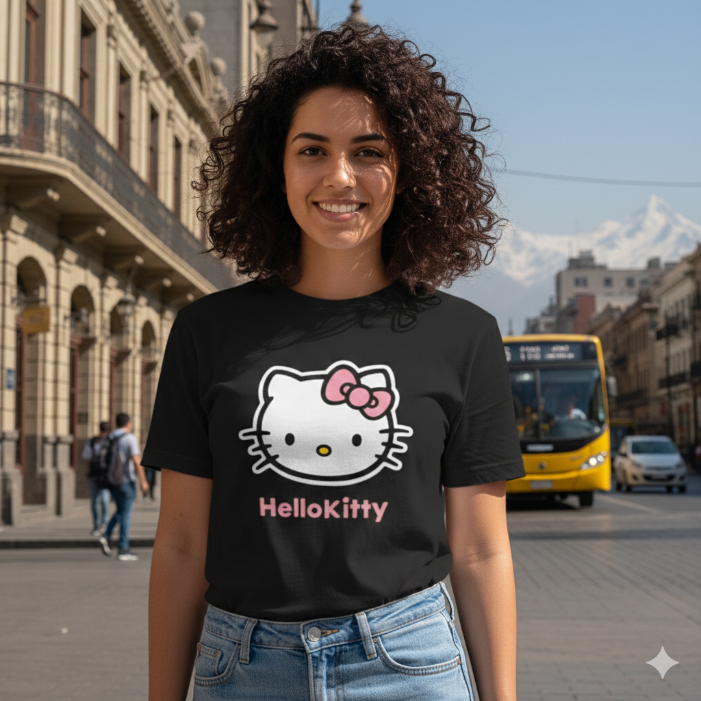 Polera Negra Hello Kitty Rosada Estampada 100% Algodón Estilo Vintage-2