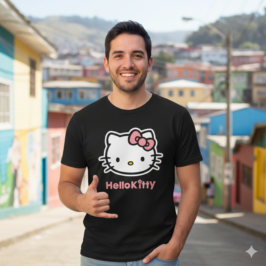 Polera Negra Hello Kitty Rosada Estampada 100% Algodón Estilo Vintage-3