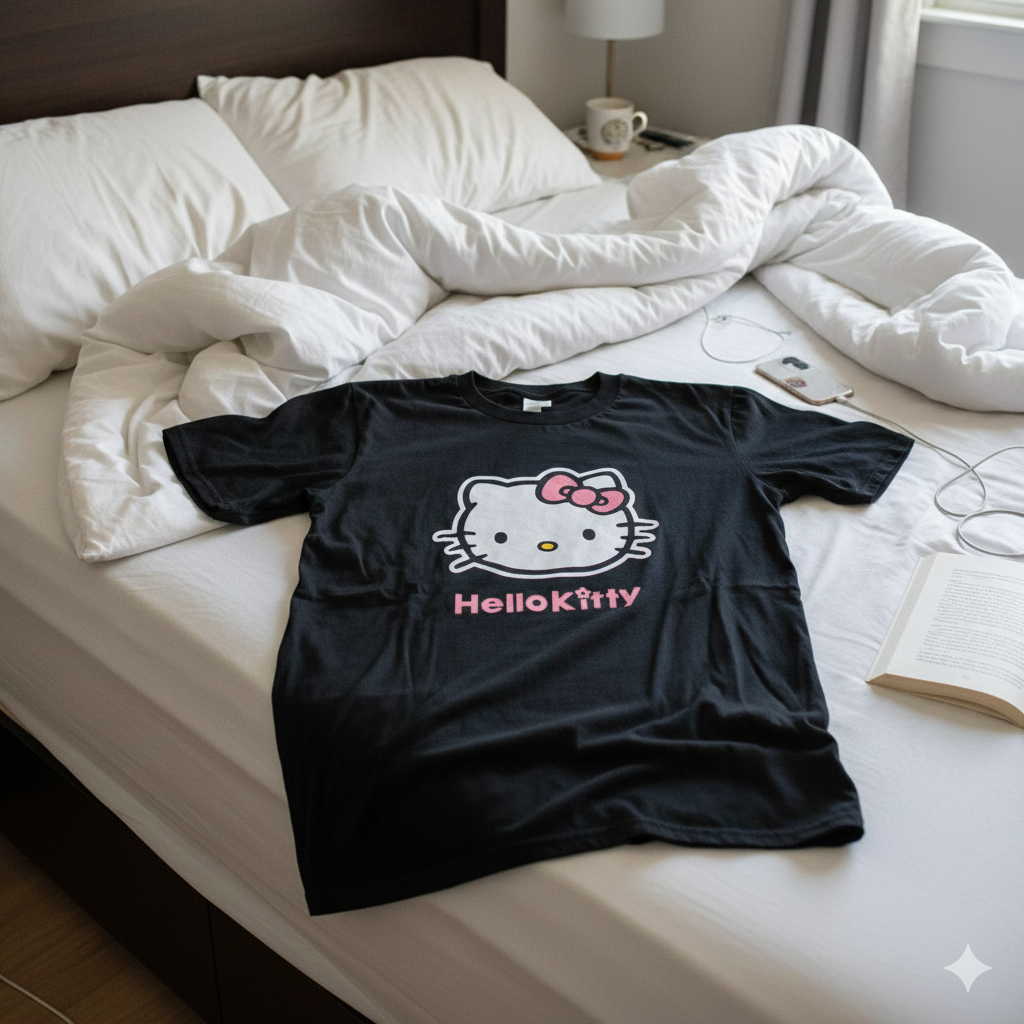 Polera Negra Hello Kitty Rosada Estampada 100% Algodón Estilo Vintage-5