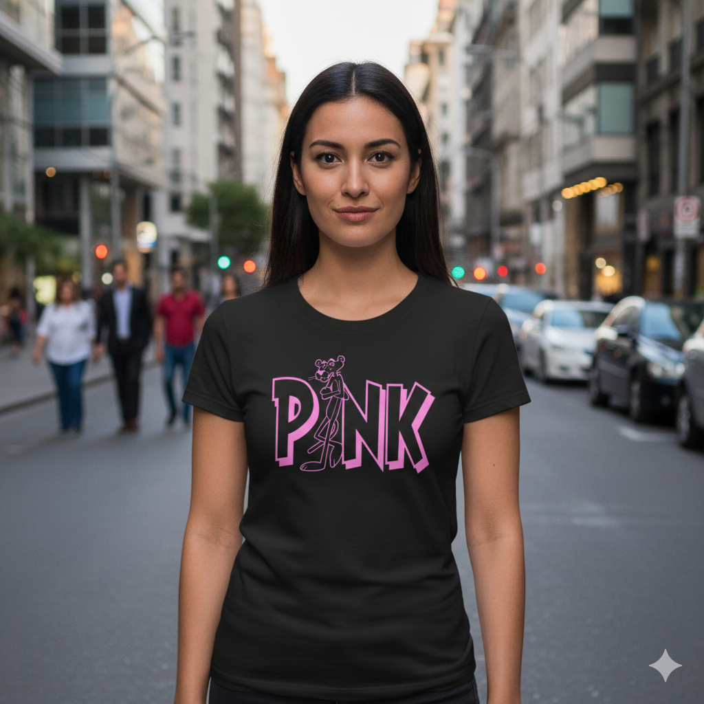 Polera Negra Pantera Rosa Logo Rosado Estampada 100% Algodón Estilo-2