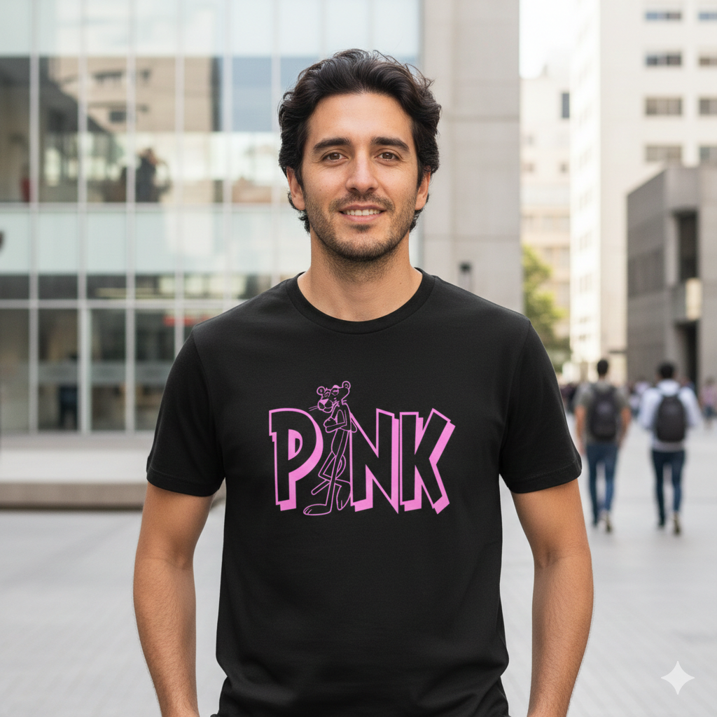 Polera Negra Pantera Rosa Logo Rosado Estampada 100% Algodón Estilo-3