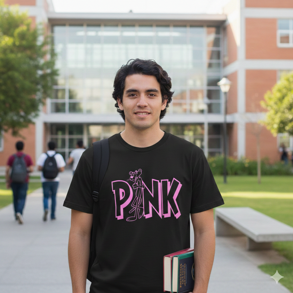 Polera Negra Pantera Rosa Logo Rosado Estampada 100% Algodón Estilo-5