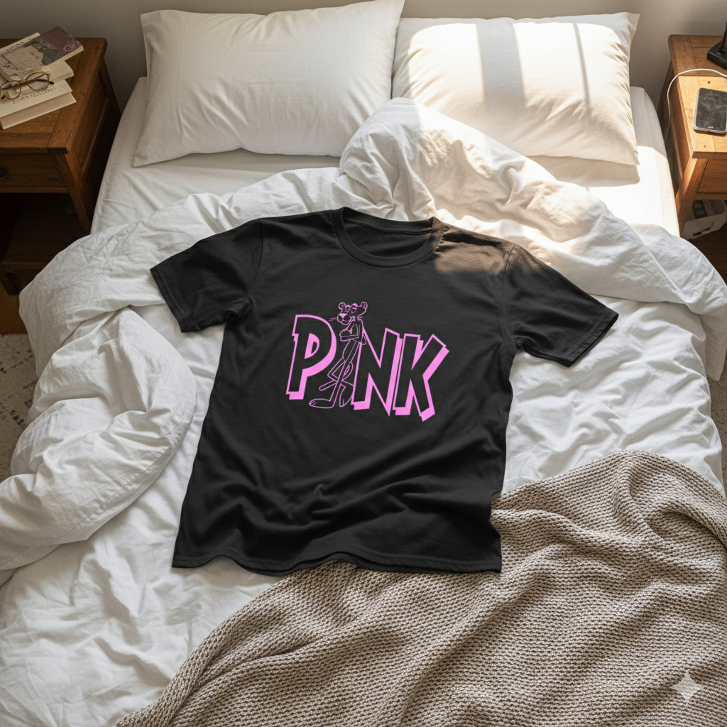Polera Negra Pantera Rosa Logo Rosado Estampada 100% Algodón Estilo-6