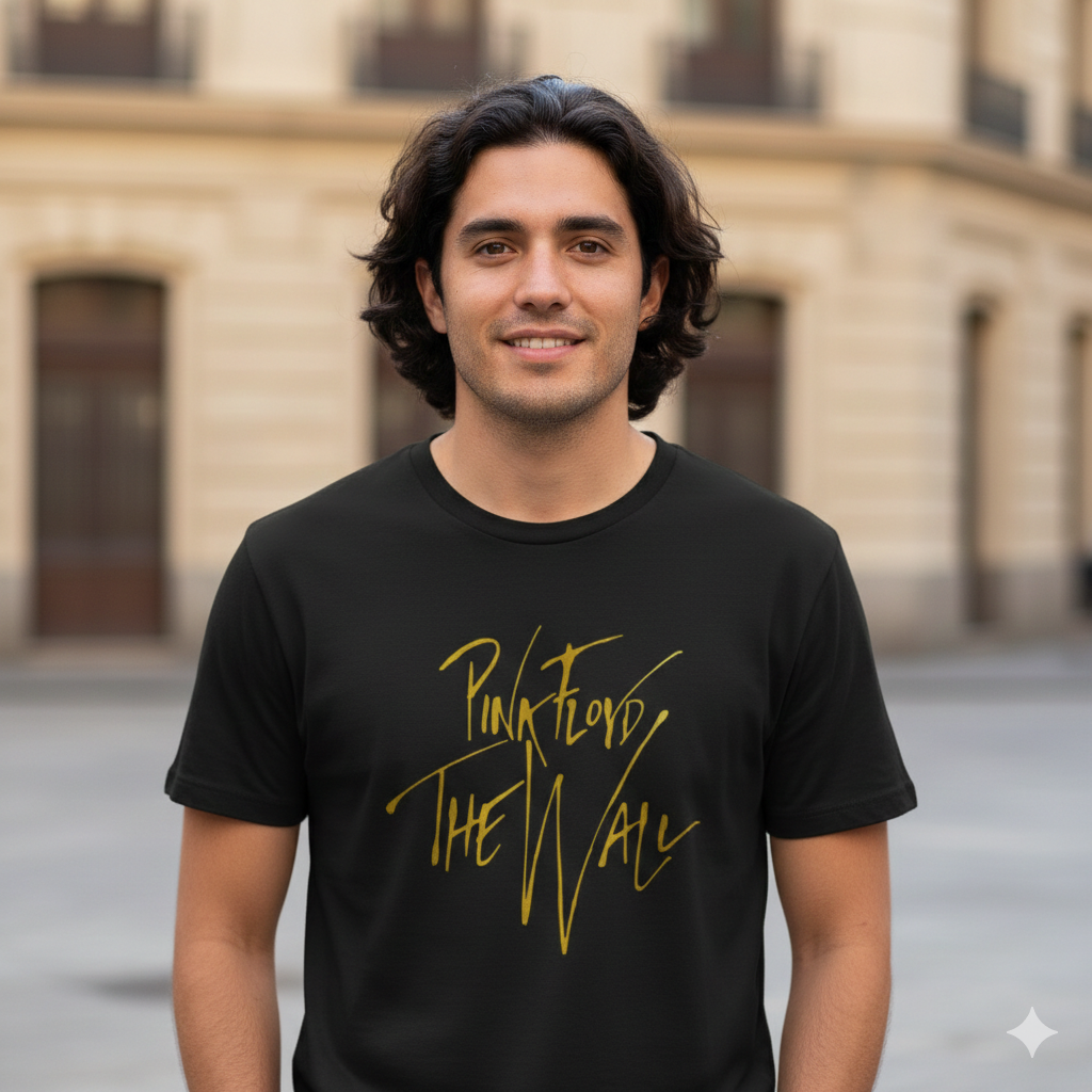 Polera Negra Pink Floyd The Wall en Dorado Estampada 100% Algodón Estilo Rock-2