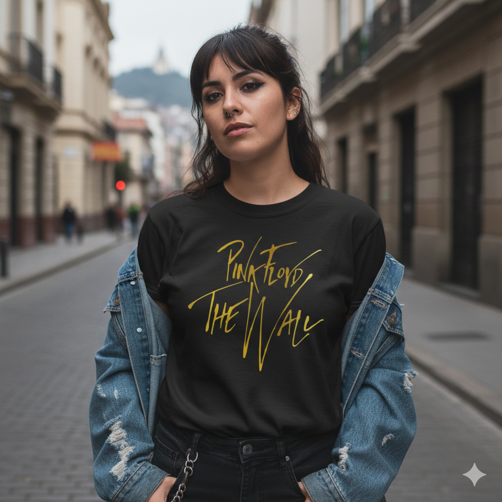 Polera Negra Pink Floyd The Wall en Dorado Estampada 100% Algodón Estilo Rock-3