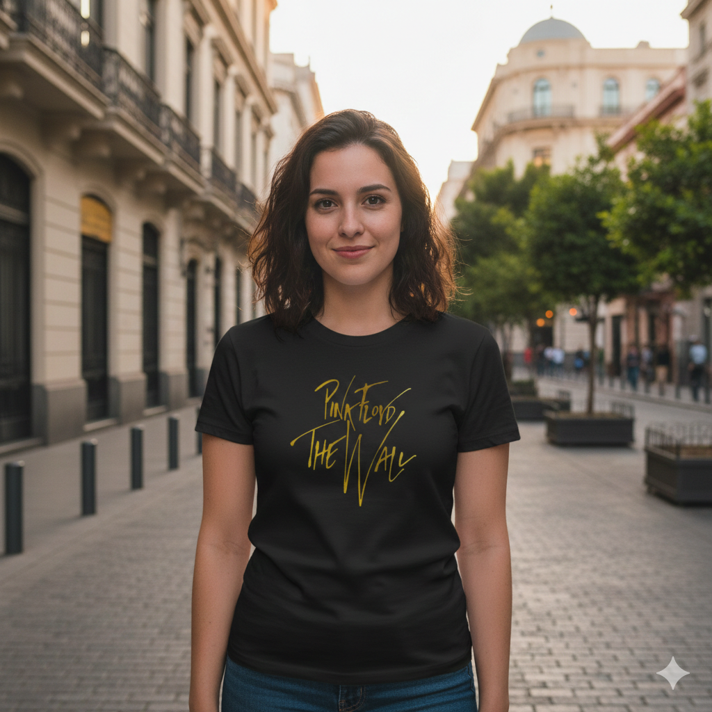 Polera Negra Pink Floyd The Wall en Dorado Estampada 100% Algodón Estilo Rock-5