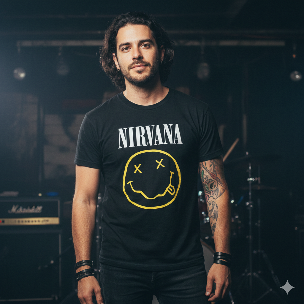 Polera Negra Nirvana Smiley Estampada 100% Algodón Estilo Rock-2