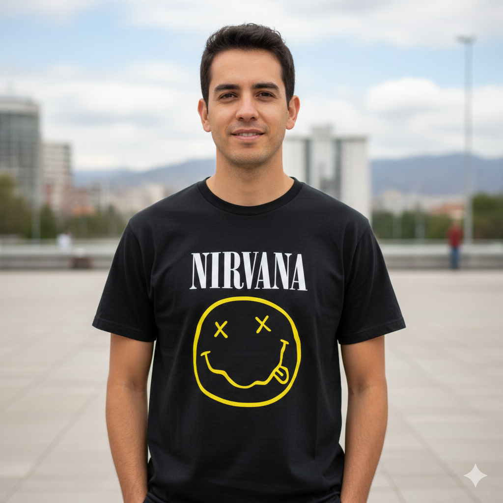 Polera Negra Nirvana Smiley Estampada 100% Algodón Estilo Rock-4