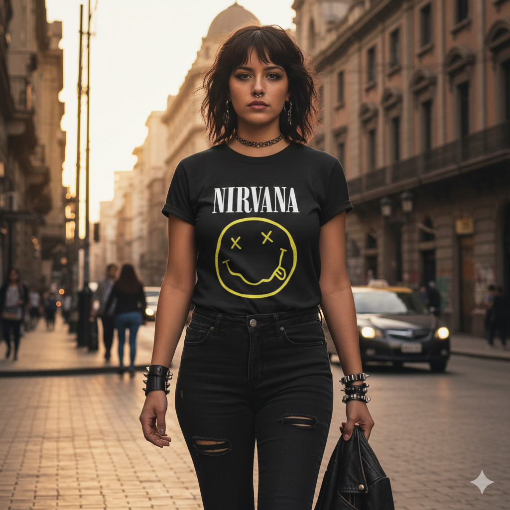 Polera Negra Nirvana Smiley Estampada 100% Algodón Estilo Rock-5