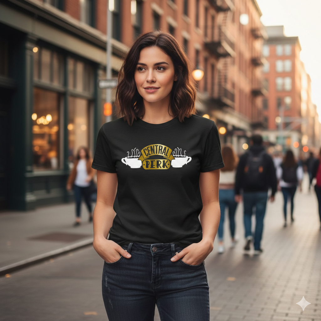 Polera Negra Central Perk en Dorado de Serie Friends Estampada 100% Algodón Estilo-2