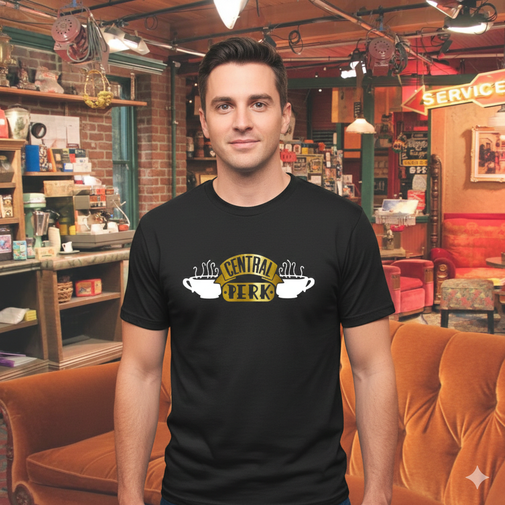 Polera Negra Central Perk en Dorado de Serie Friends Estampada 100% Algodón Estilo-3