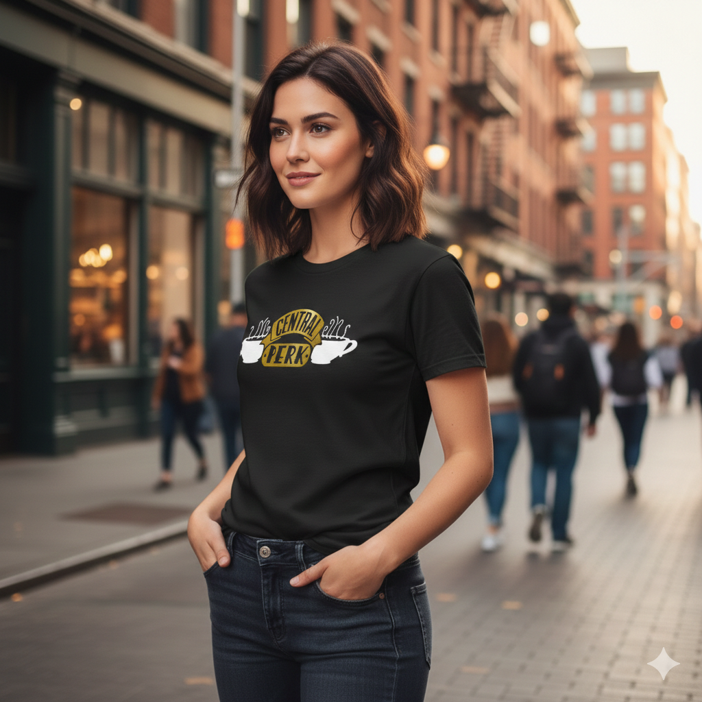 Polera Negra Central Perk en Dorado de Serie Friends Estampada 100% Algodón Estilo-4