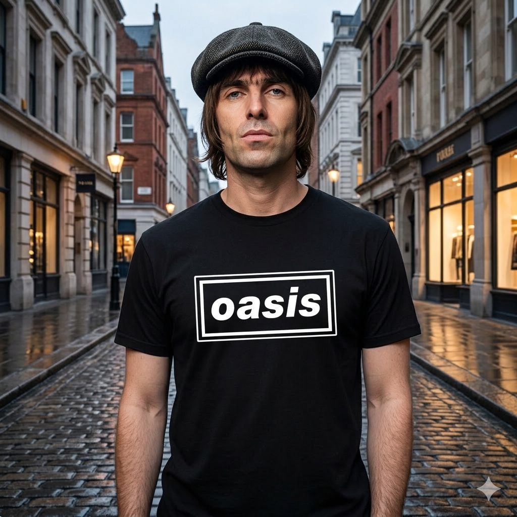 Polera Negra Oasis Logo Estampada 100% Algodón Rock-2