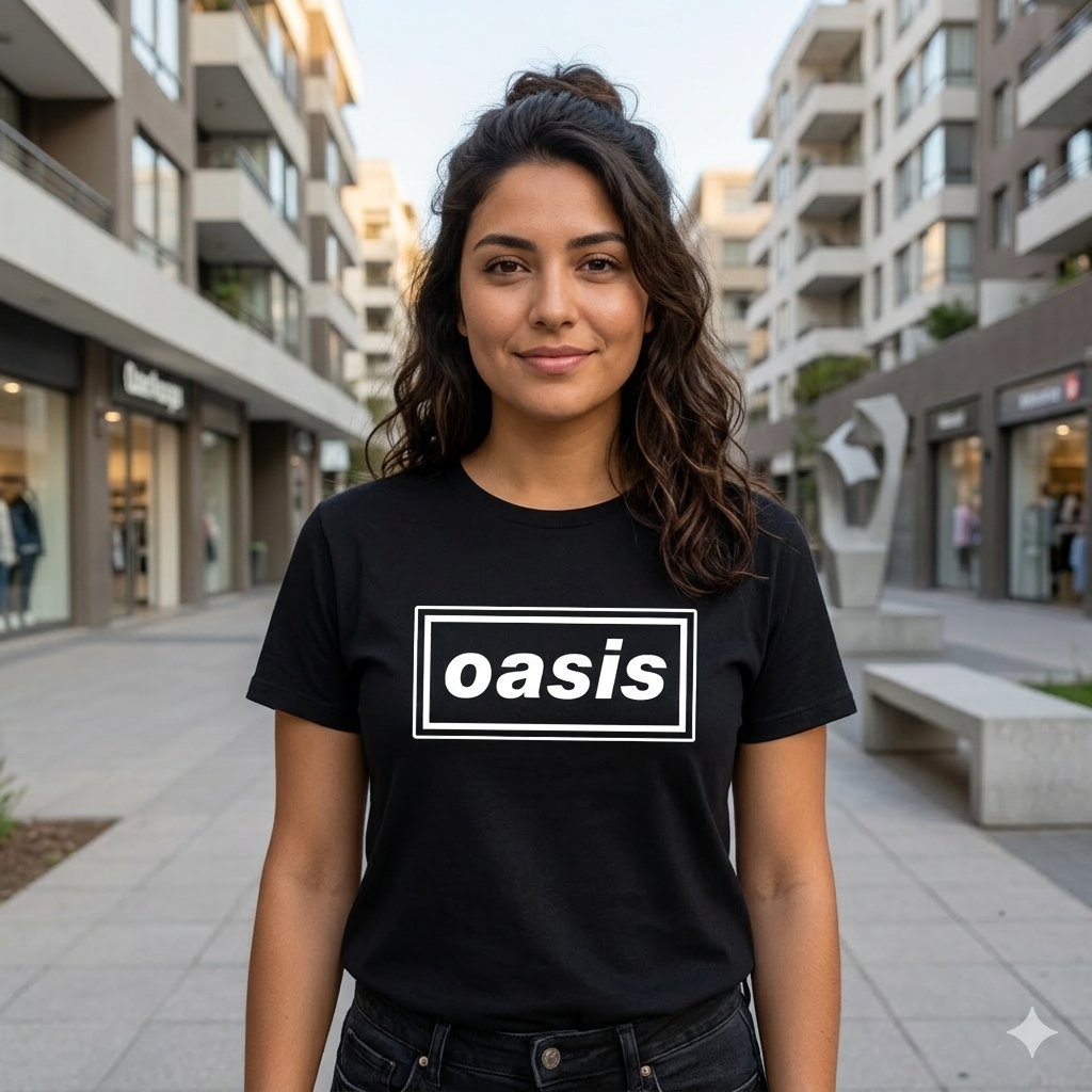 Polera Negra Oasis Logo Estampada 100% Algodón Rock-3