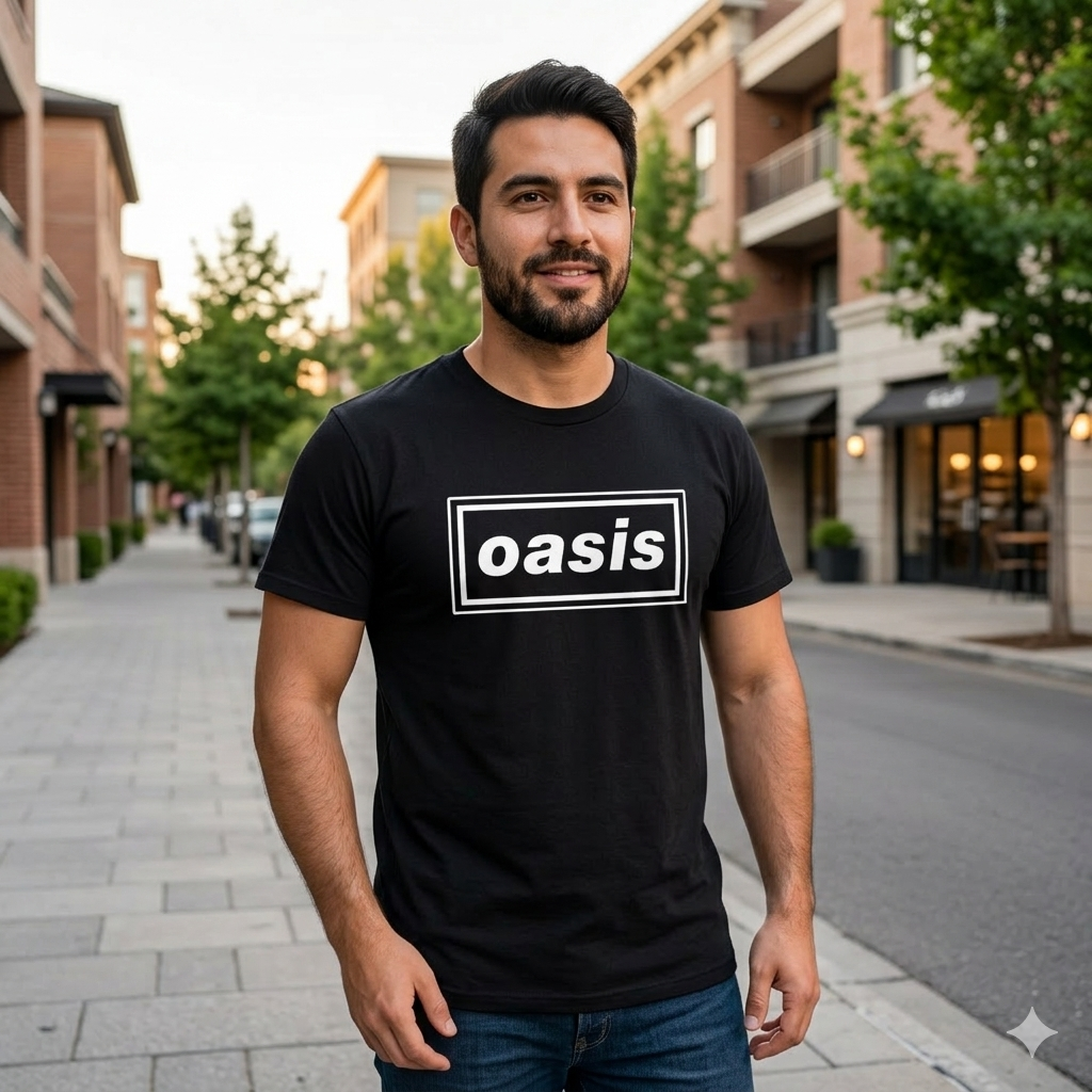 Polera Negra Oasis Logo Estampada 100% Algodón Rock-4