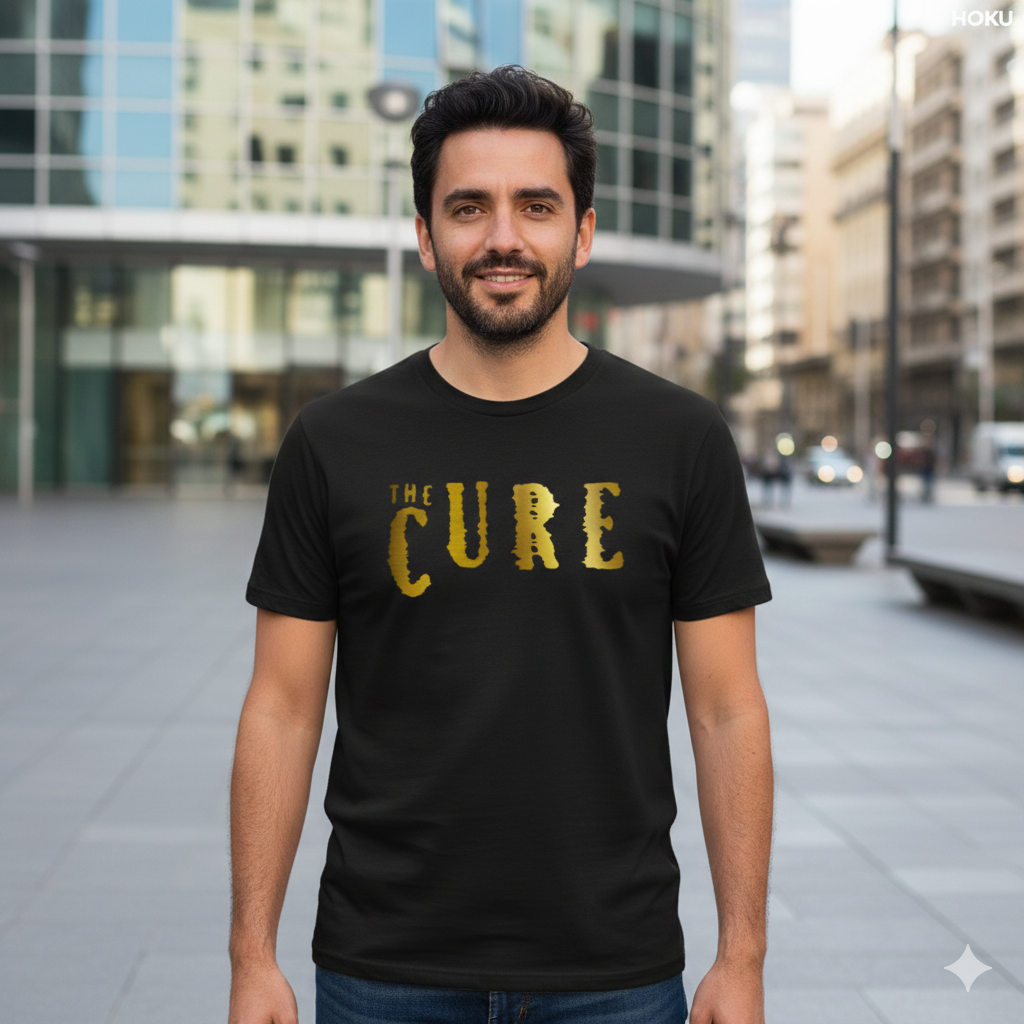 Polera Negra The Cure logo en Dorado Estampada 100% Algodón Estilo Rock-2