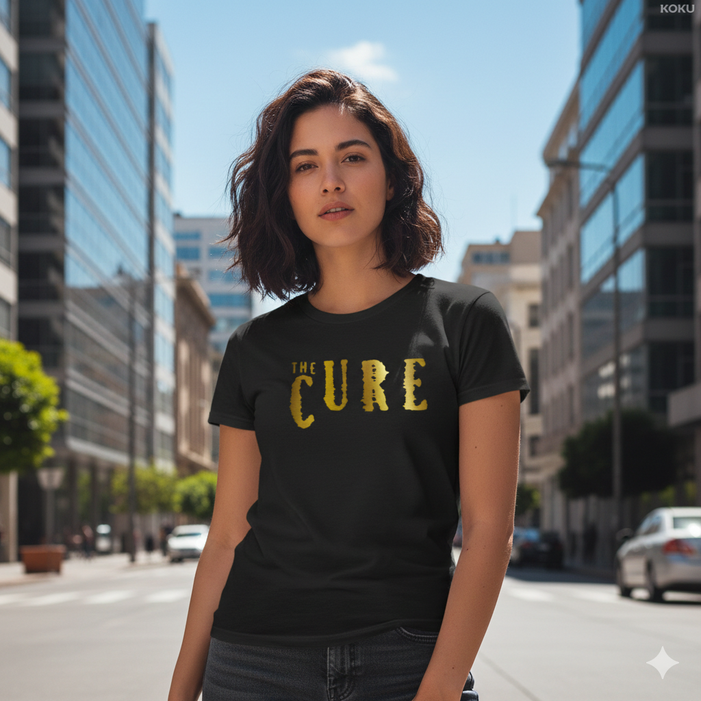 Polera Negra The Cure logo en Dorado Estampada 100% Algodón Estilo Rock-3