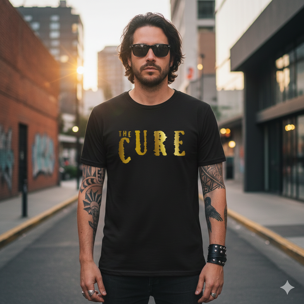 Polera Negra The Cure logo en Dorado Estampada 100% Algodón Estilo Rock-4