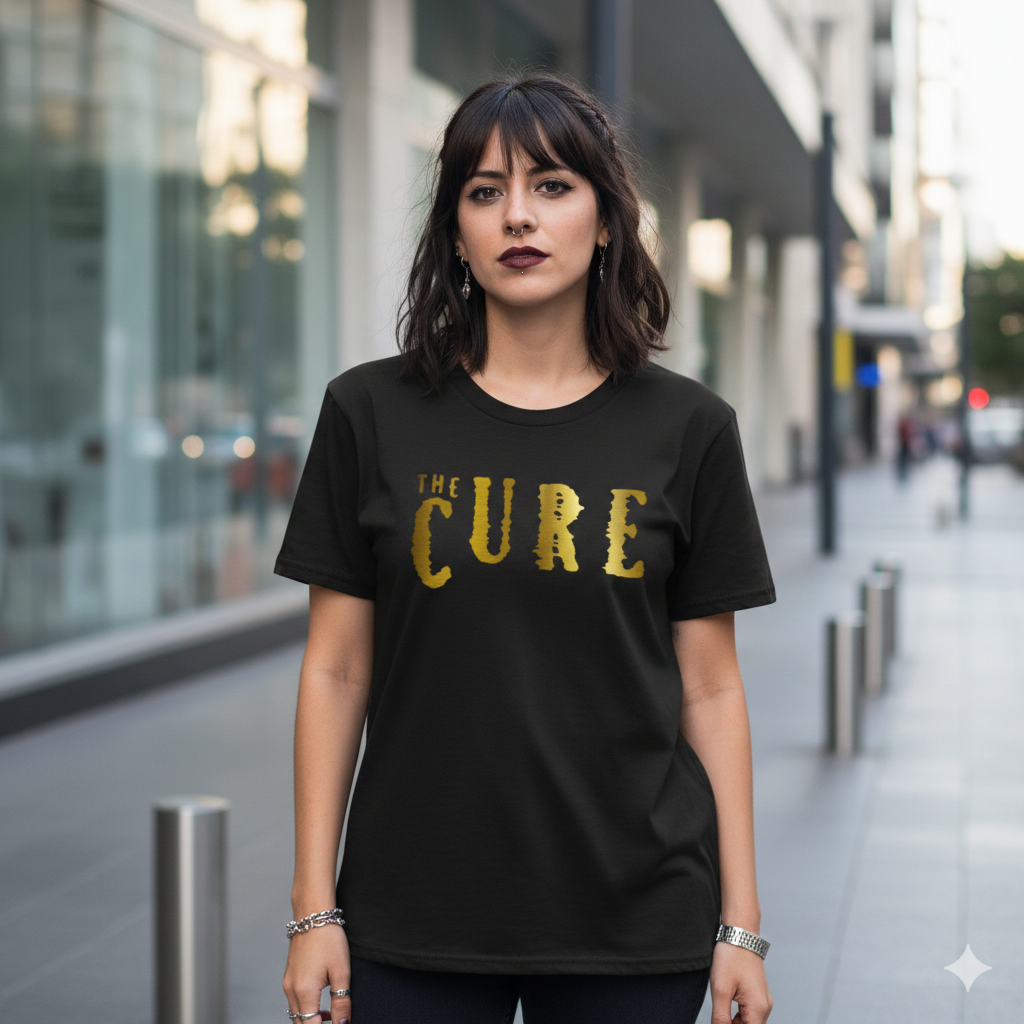 Polera Negra The Cure logo en Dorado Estampada 100% Algodón Estilo Rock-5
