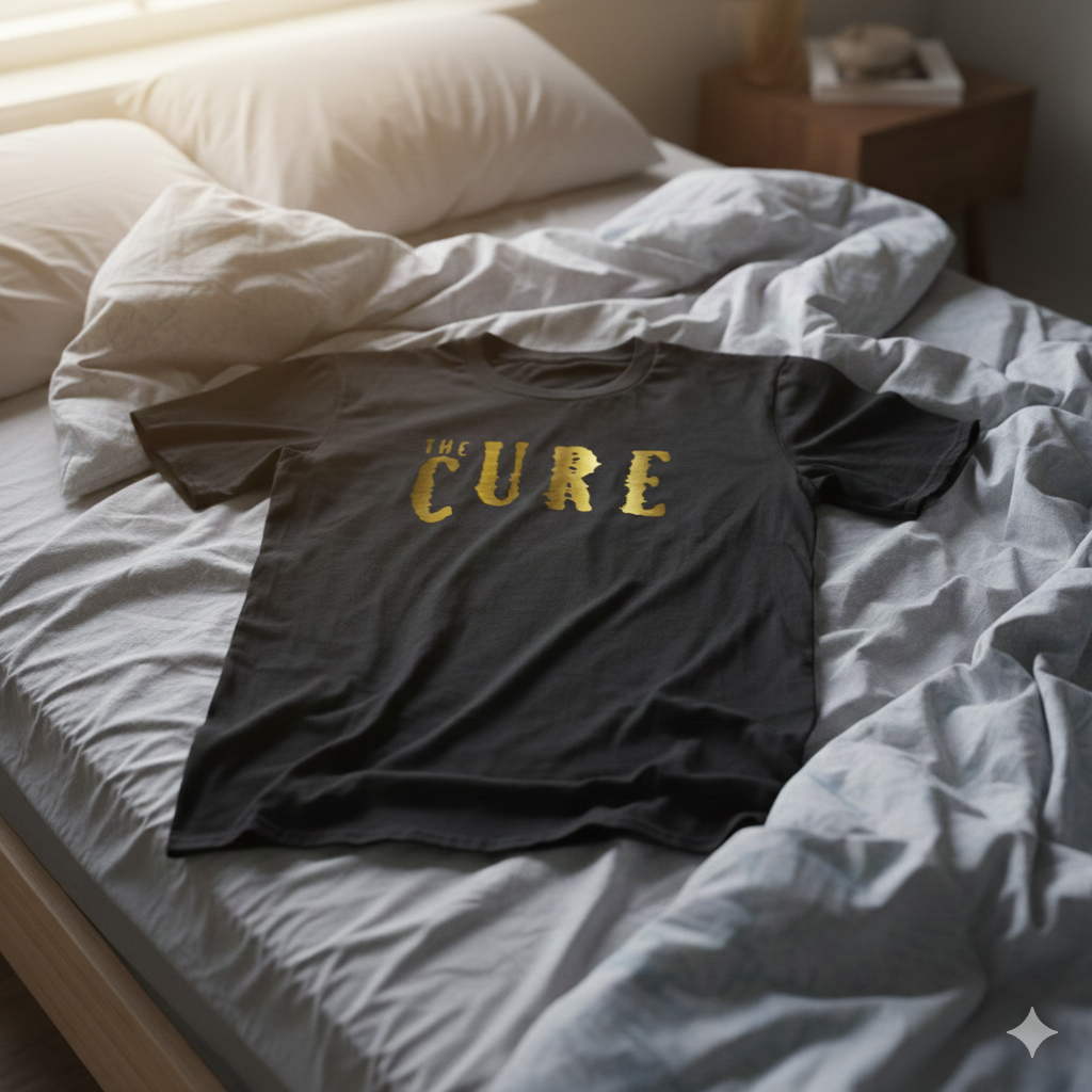 Polera Negra The Cure logo en Dorado Estampada 100% Algodón Estilo Rock-6