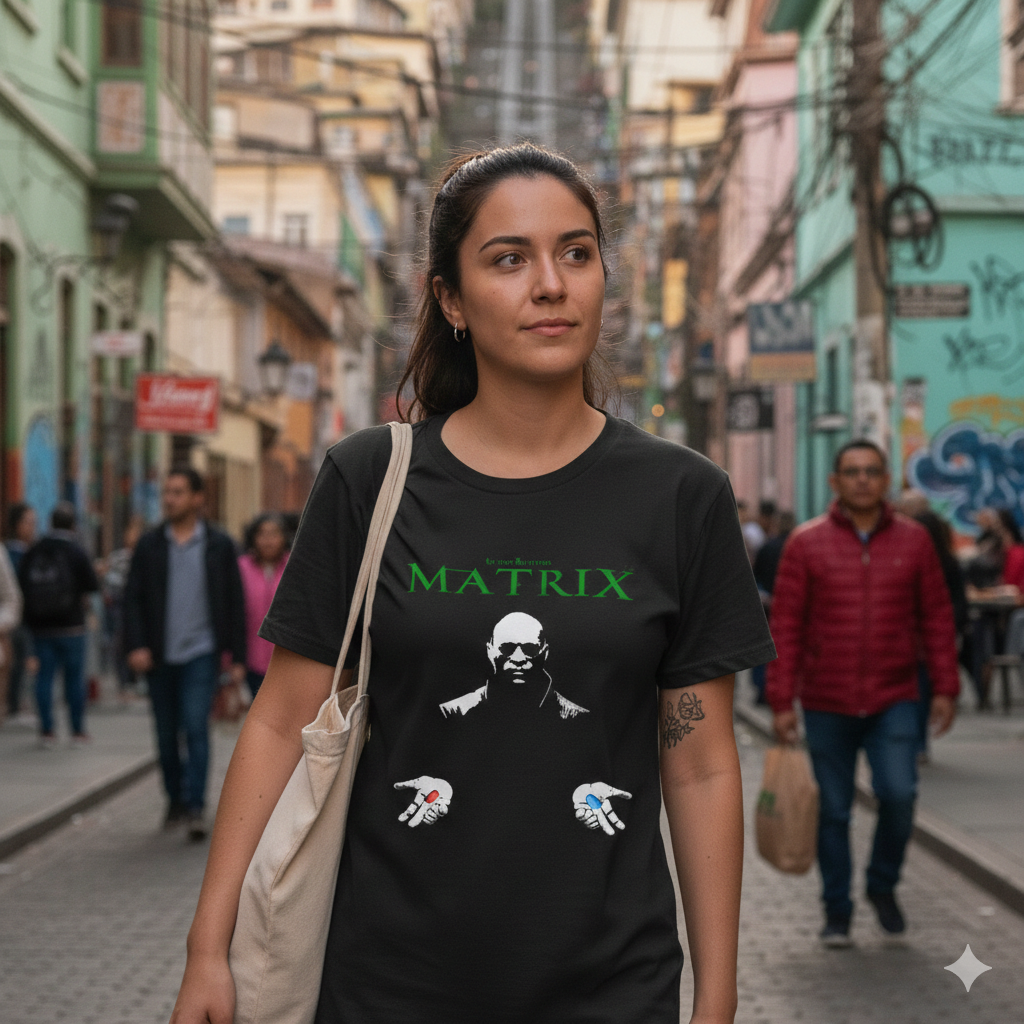 Polera Negra Matrix Píldoras Morfeo Estampada 100% Algodón Estilo Cine-3