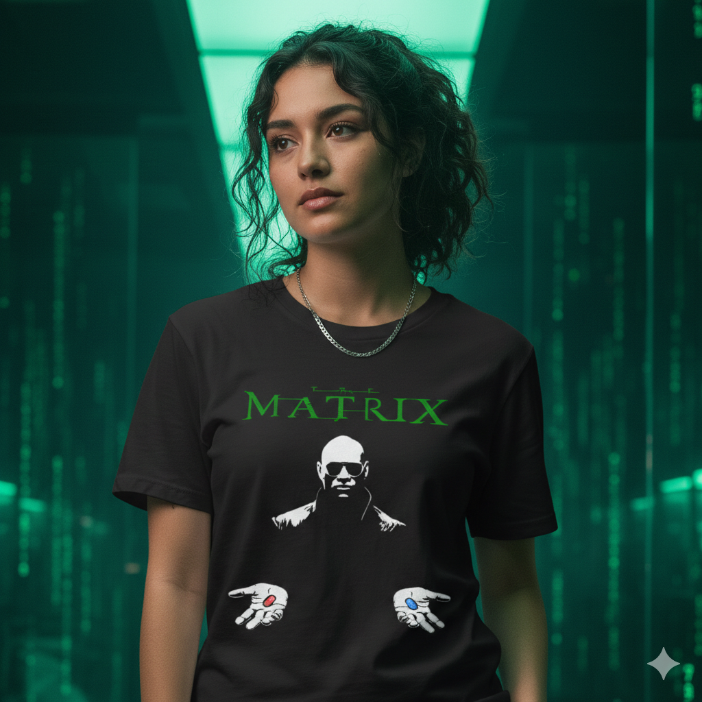 Polera Negra Matrix Píldoras Morfeo Estampada 100% Algodón Estilo Cine-5