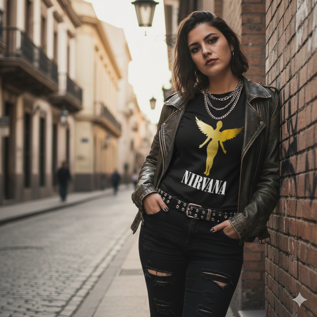 Polera Negra Nirvana In Utero Angel Dorado Estampada 100% Algodón Estilo Rock Grunge-2