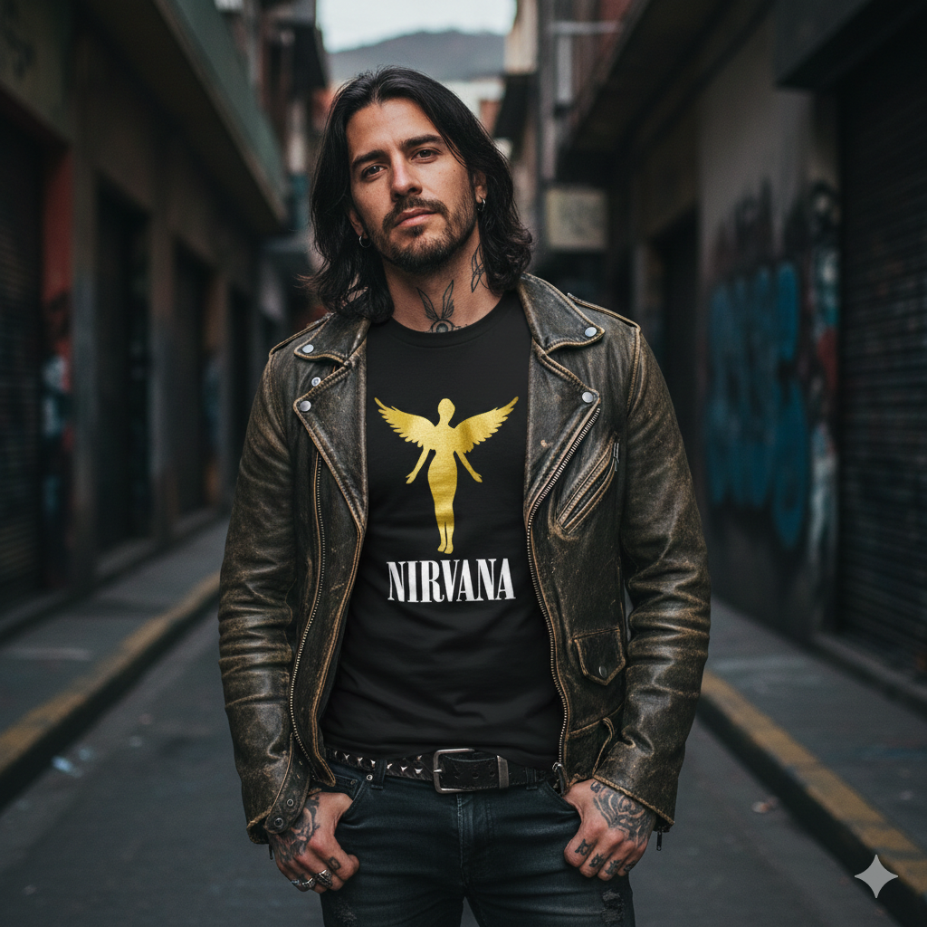 Polera Negra Nirvana In Utero Angel Dorado Estampada 100% Algodón Estilo Rock Grunge-4
