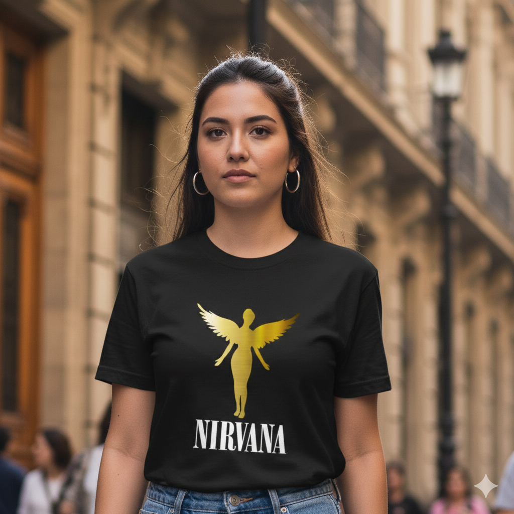 Polera Negra Nirvana In Utero Angel Dorado Estampada 100% Algodón Estilo Rock Grunge-5