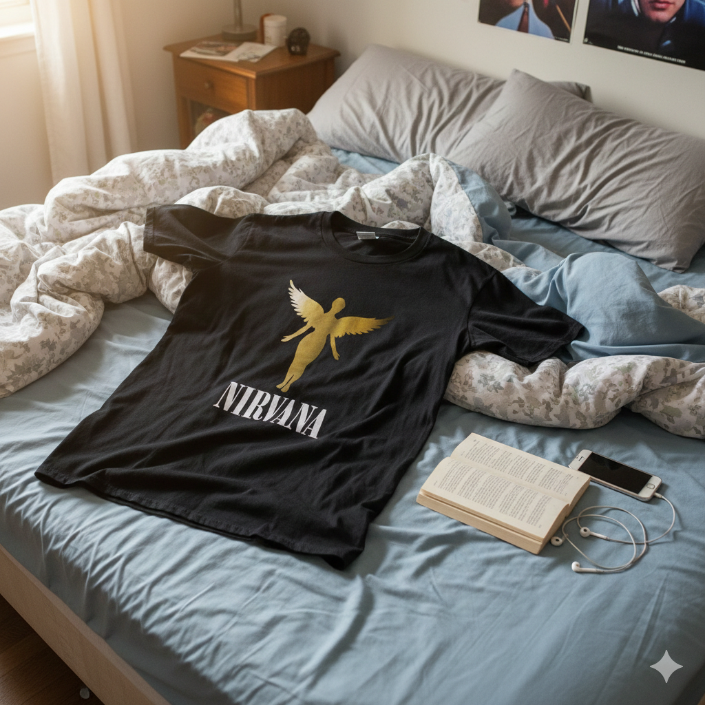 Polera Negra Nirvana In Utero Angel Dorado Estampada 100% Algodón Estilo Rock Grunge-6