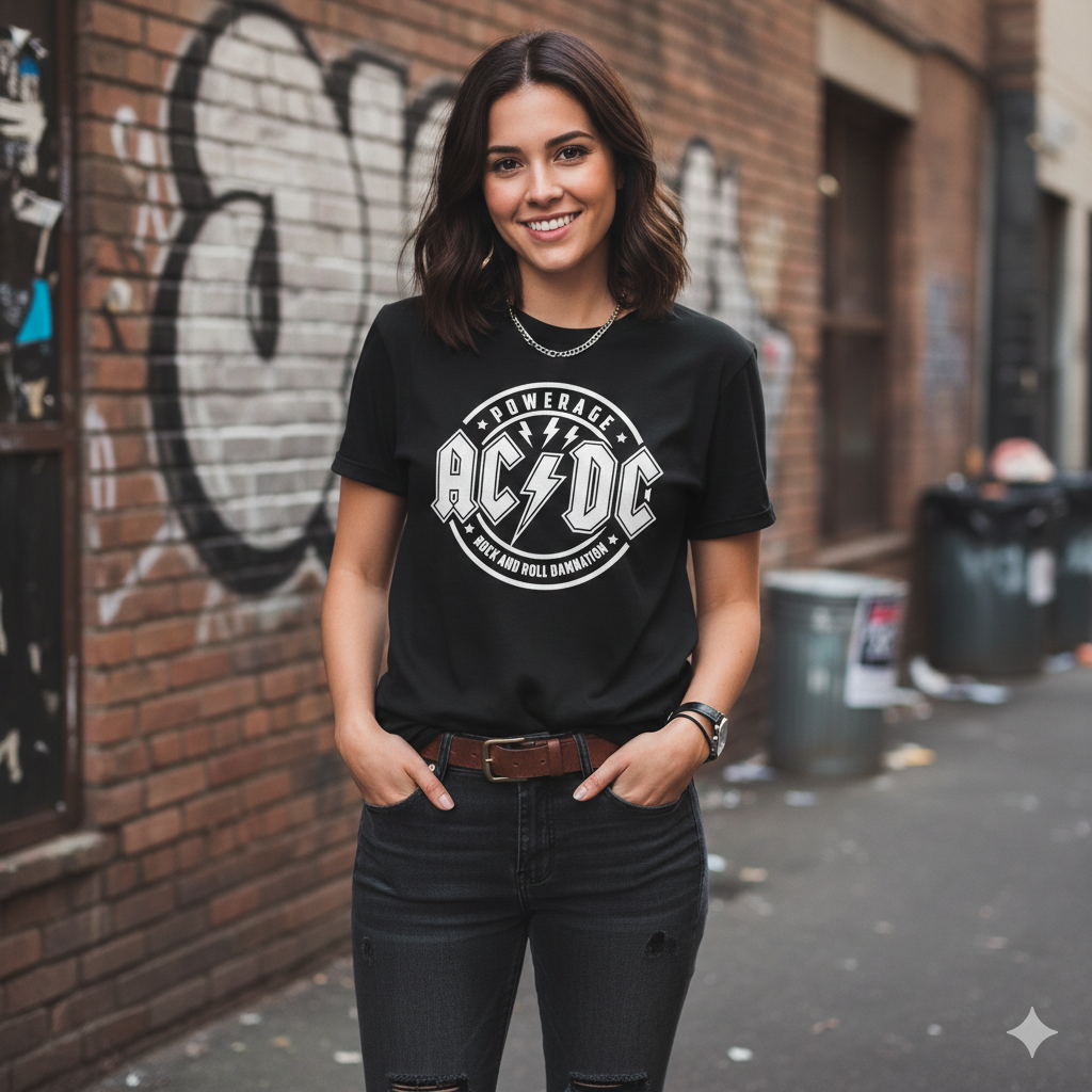 Polera Negra AC-DC Logo Circular Estampada 100% Algodón estilo Rock-3