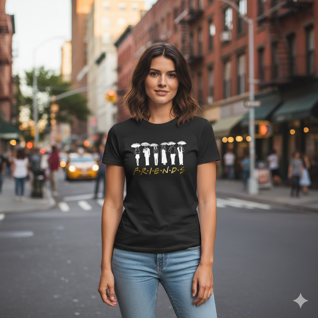 Polera Negra Serie Friends en Dorado Estampada 100% Algodón Estilo-2