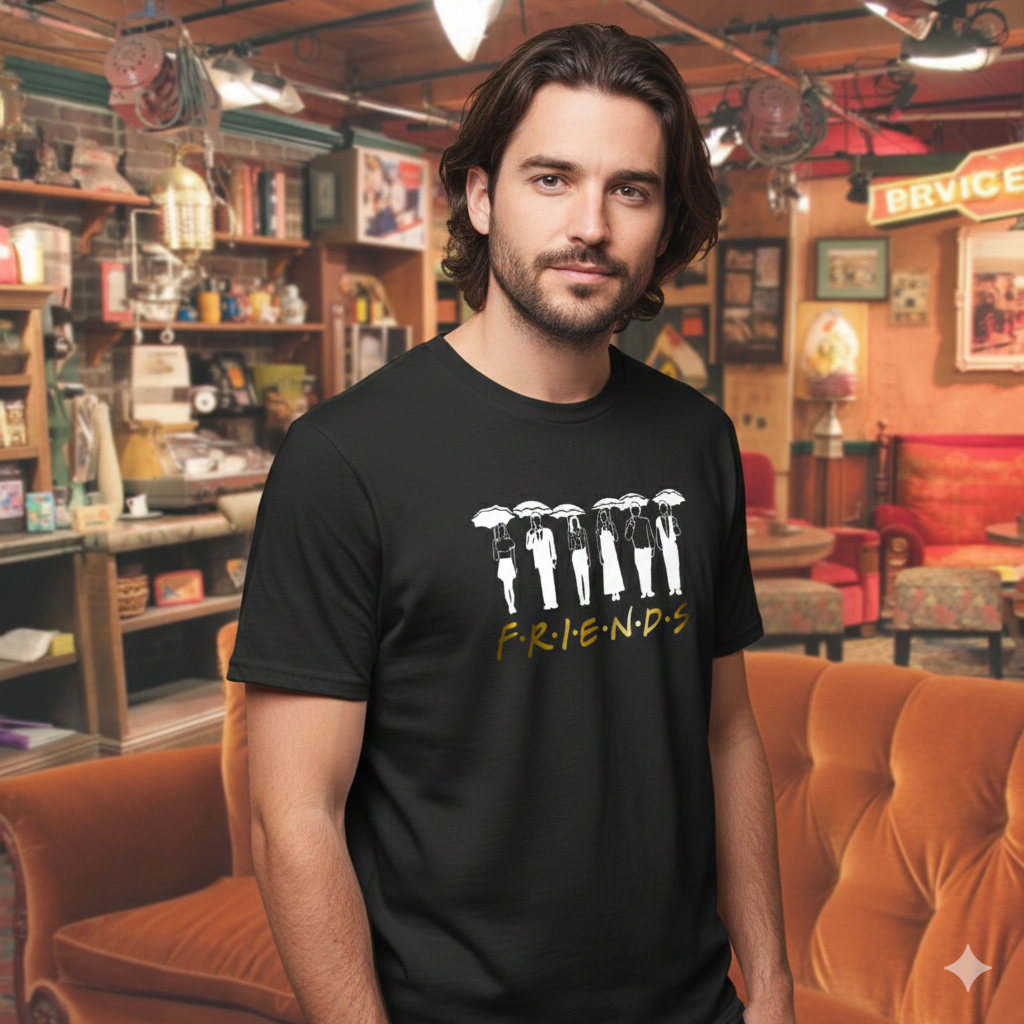 Polera Negra Serie Friends en Dorado Estampada 100% Algodón Estilo-3